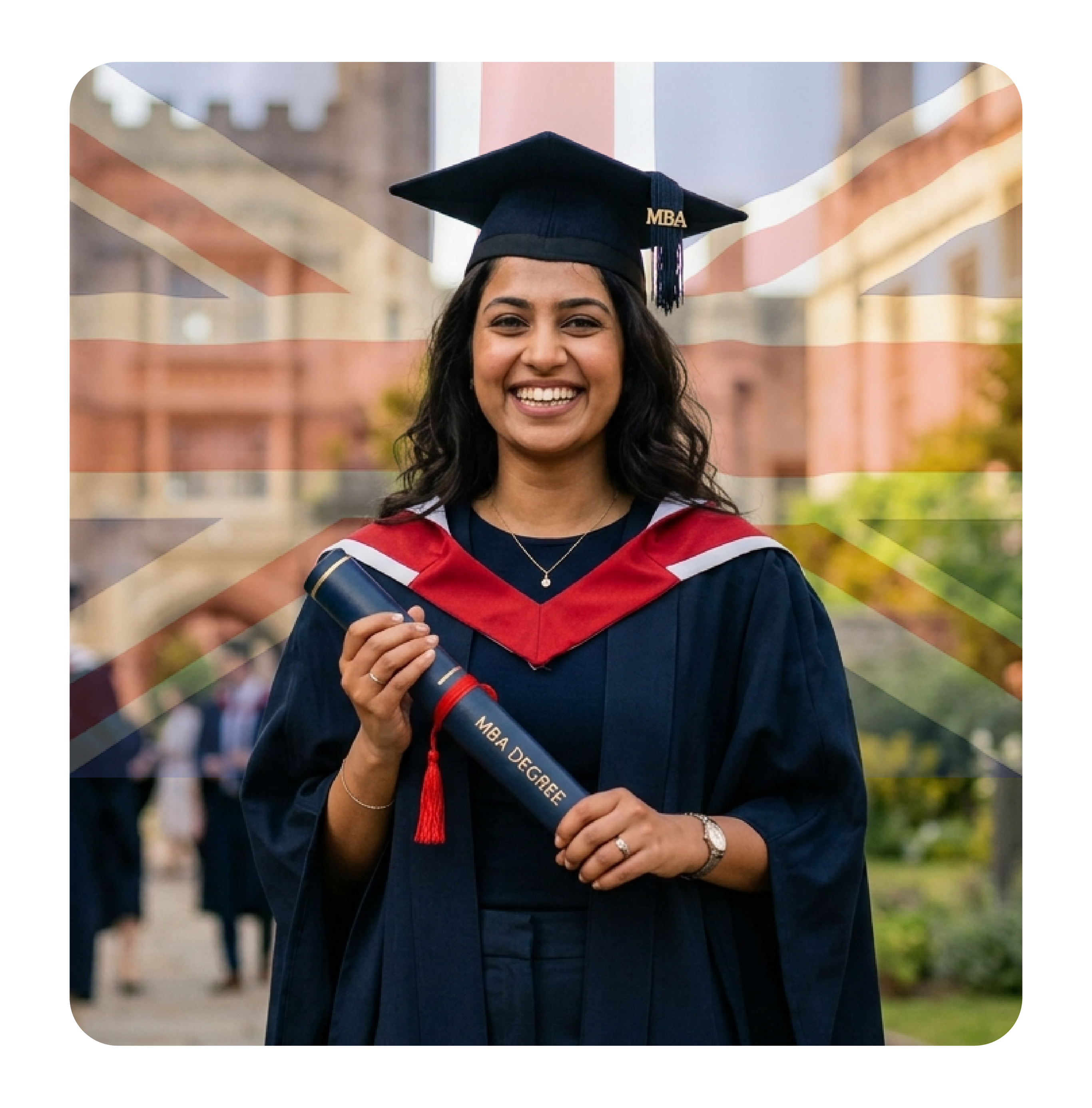 Young Indian medical student smiling in front of a European university